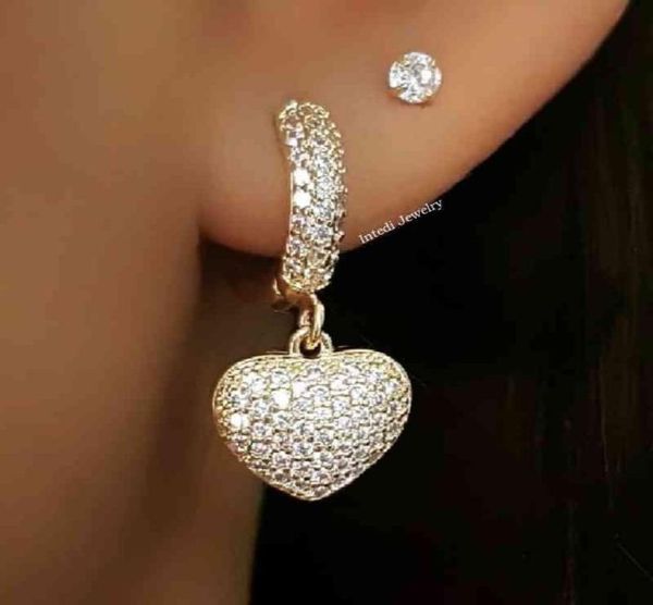 

vintage heart pendant cubic zirconia stone earrings for women luxury gold color tiny drop earring girl cz fashion party jewelry1686288, Bronze;silver