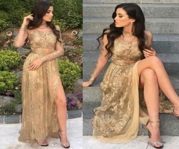 

luxury gold arabic long sleeves prom dresses sheer illusion modest crew neck lace appliqued party gowns split formal evening dress5180993, Black