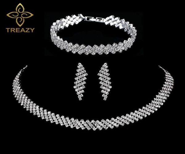 

treazy luxury crystal bridal jewelry sets silver color choker necklace earrings bracelet women wedding jewelry set 2207181267412, Slivery;golden