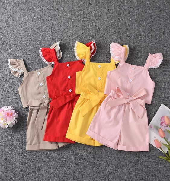 

kids clothes girls outfits children lace flying sleeve bow shorts 2pcsset summer fashion boutique baby clothing sets z17484078934, White