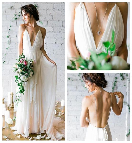 

chiffon spaghetti straps bohemian wedding dress ethereal skirt sweep train inexpensive wedding dresses backless bridal dresse5235182, White