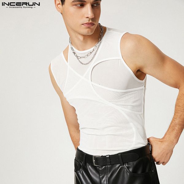 

men' tank incerun men hollow out mesh transparent streetwear solid oneck sleeveless vests 2023 party nightclub 230630, White;black