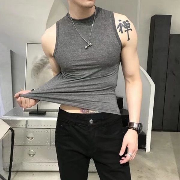 

men' tank summer trend vest tight turtleneck sleeveless cotton male slim fitness stretch bottoming shirt streetwear 230630, White;black