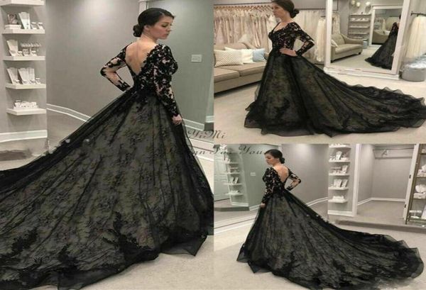 

black gothic wedding dresses 2020 long sleeve v neck sweep train lace illusion bodice garden country bridal gowns4615582, White