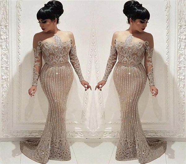 

sparkling arabic sequins lace mermaid prom dresses elegant long sleeves sheer crew neck evening gowns plus size vestidos de festa 8830915, Black;red