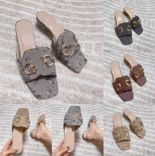 

2023 designer slides square toe slippers metal g buckle gold-toned platform mules summer women canvas denim high heels chunky heel flip flop, Black