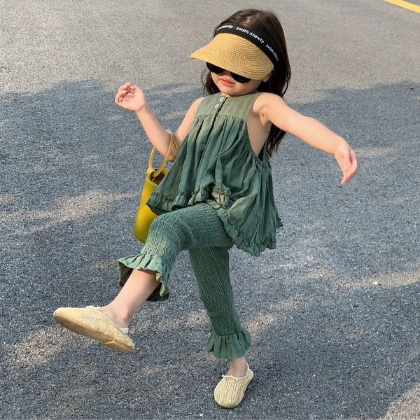 

clothing sets 2023 summer girls clothes green solid and shorts two piece set korean version fashion lovely sweet playful cotton 230630, White