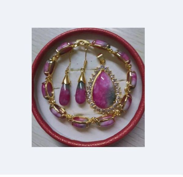 

pink peach blossom jade 18k gold filled link pendant necklace bracelet earrings set 3-piece jewelry set, Silver