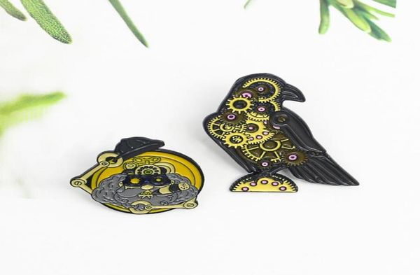 

punk machine bird robot enamel pins gear turntable crow bird eagle machinist brooches lapel bag jewelry gift for kids whole2707036, Blue