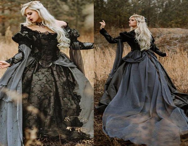 

gothic black and gray ball gown wedding dresses lace appliques puff long sleeve country garden vintage victorian wedding gowns bri5672428, White