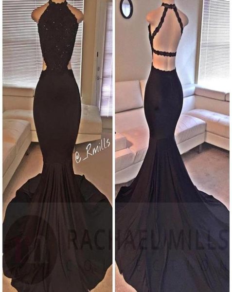 

2023 black high neck satin mermaid long prom dresses lace sequins beaded backless evening side slit formal party dresses1866848