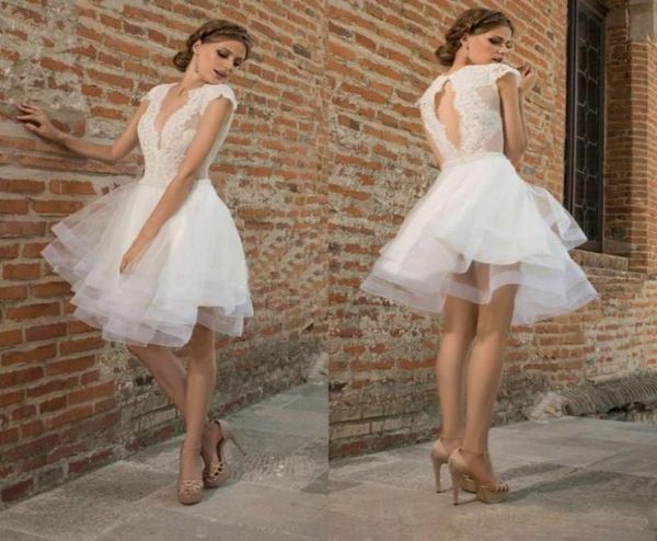 

new white short wedding dresses knee length lace bodice tiered skirt cap sleeves keyhole back bridal gowns7024946