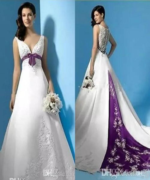 

white and purple wedding dresses empire waist v neck beads appliques satin bridal gowns sweep train plus size a line wedding dress3969349