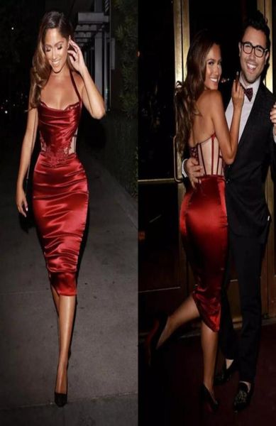 

2017 dark red elastic silk like satin short sheath cocktail dresses for women halter lace up back kneelength party gow8609018, Black
