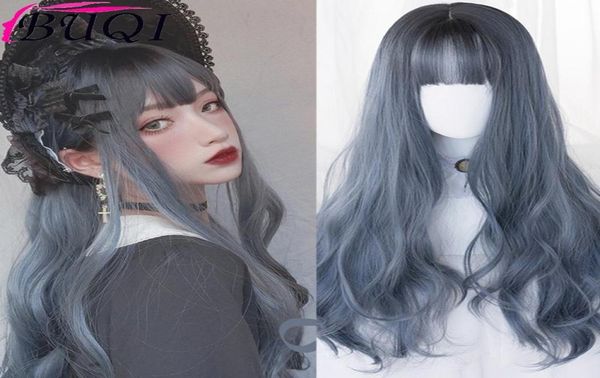 

buqi omber wigs long 28inches dark blue water wave bangs heat resistant hair for women cosplay party prom lolita halloween8523388, Black