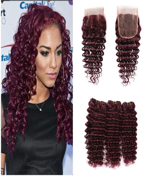 

whole brazilian human hair weave bundles 99j burgundy lace closure with bundles 8a remy deep wave hair bundles with 44 lace c7613643, Black;brown