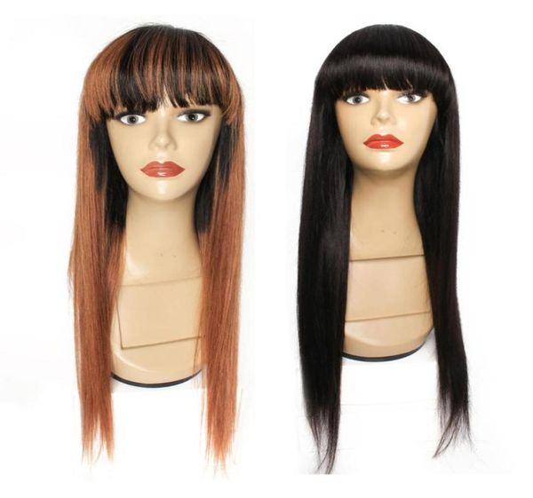 

full machine made wigs with bang indian human hair glueless wig black medium brown ombre color straight wigs1657562, Black;brown