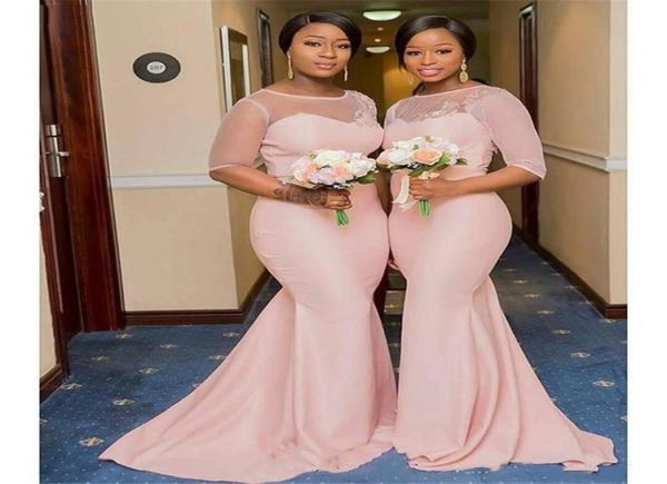 

2020 pink mermaid bridesmaid dresses long 12 sleeve sheer jewel neck wedding party gowns sweep train lace appliques prom party go3814608, White;pink