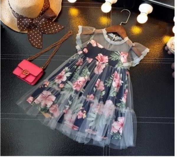 

kids girls designers dress lace floral printed clothing baby princess skirt for summer girl clothes 100cm140cm6332466, Red;yellow