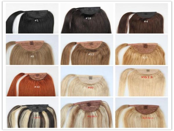 

real human hair ponytails blonde color 613 120g ponytail wrap around clip in human hair pony tail extension peruvian straight ha1073266, Black