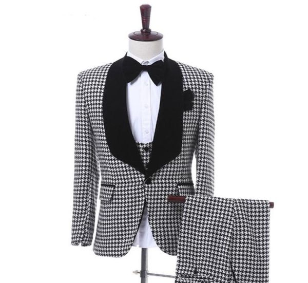 

black plaid cloth men suits three piece jacket pants vest 2018 classic fit one button wedding groom tuxedos custom made8722737, Black;gray