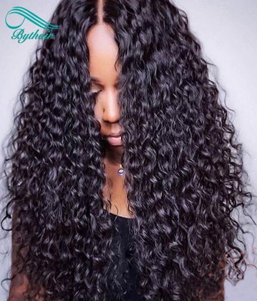 

bythair 13x6 long deep part pre plucked deep curly brazilian virgin hair lace front human hair wigs with baby hairs for black wome5218101, Black;brown