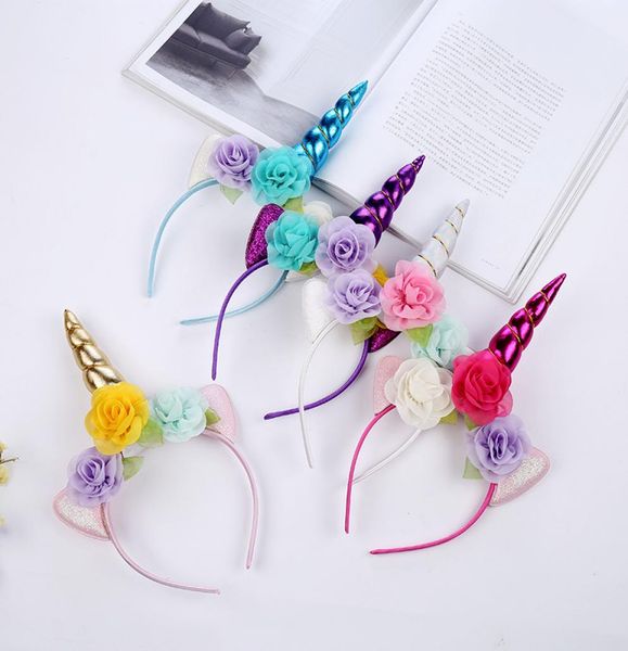 

glitter metallic unicorn headband girls chiffon flowers hairband for kids floral unicorn horn party hair accessories8926013, Slivery;white