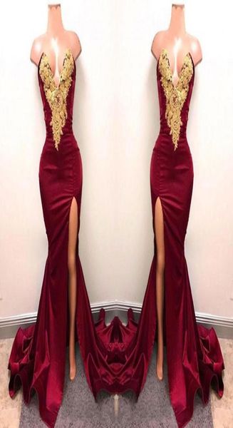 

new design 2020 burgundy prom dresses with gold lace appliqued mermaid front split for long party evening wear gowns7358458, Black