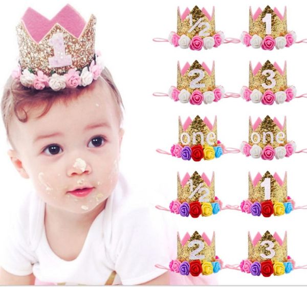 

new baby hair accessories girls lovely flower crown princess headband kids cute birthday tiara number headband3694438, Slivery;white