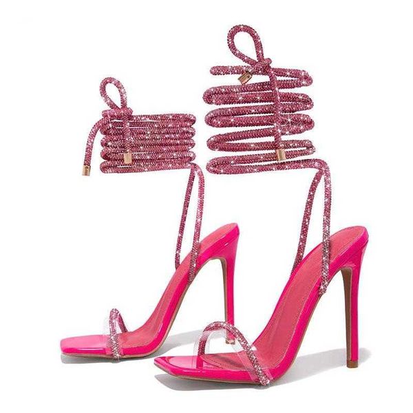 

sandals crystal diamond high heels women ankle cross strap lace-up square toe party dress female shoes 230511, Black