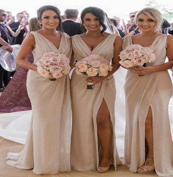 

elegant champagne country bridesmaid dresses 2022 v neck splits chiffon pleated long wedding guest evening prom formal party dress4562981, White;pink