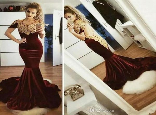 

new burgundy velvet prom dresses fancy fiesta gold lace appliqued open back short sleeves mermaid formal evening dresses3309989, Black