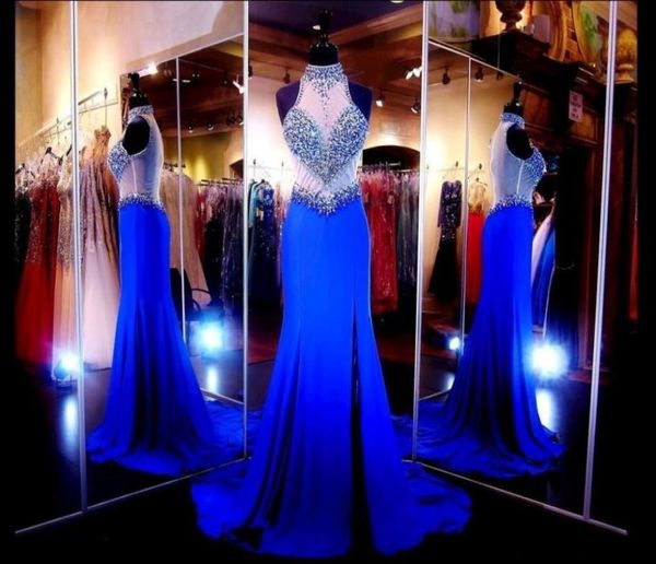 

2018 royal blue mermaid high neck prom dresses with beaded crystal side split back sheer tulle rode de soirre formal chiffon eveni7205289, Black