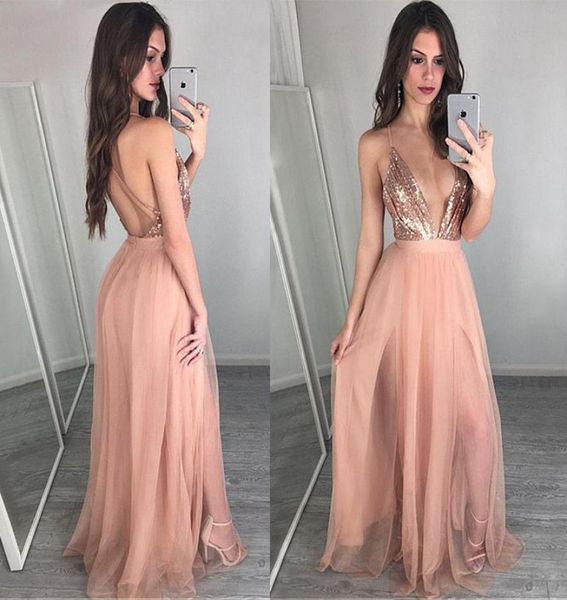 

new arrival aline prom dresses deep vneckline pink tulle long prom dresses glamorous backless sequins party dress9565886, Black