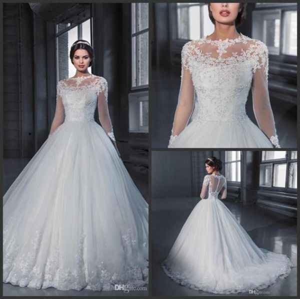 

vestido de noiva princess ball gown long sleeve lace wedding dresses 2019 new see through tulle vintage bridal gowns robe de maria1047711, White