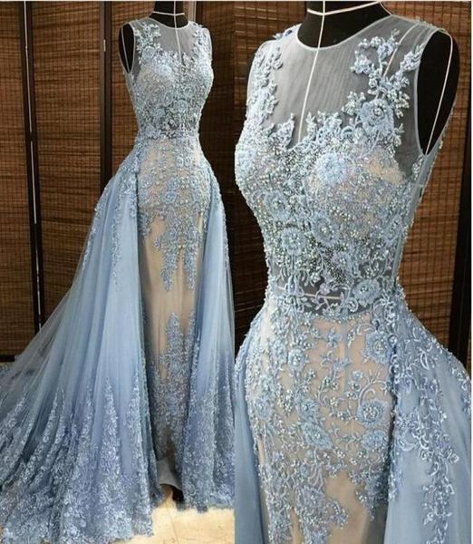 

illusion neck blue lace appliques overskirt evening dresses 2019 beaded pearls arabic formal party gowns for bridal guest prom pag4340133, Black;red