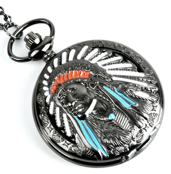 

3d tribal leather justice quartz pocket watch indian head engrave flip necklace chain clock men watches fob chain male reloj de bo7844188, Slivery;golden