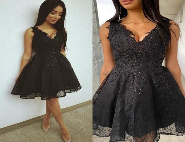 

chic v neck sleeveless a line short prom dresses tulle lace applique knee length black cocktail party dresses7823223