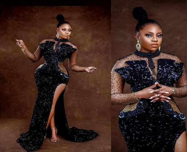 

2021 prom dresses mermaid dark navy blue sequined lace high neck illusion long sleeves appliques pearls high side split forma8481172, Black
