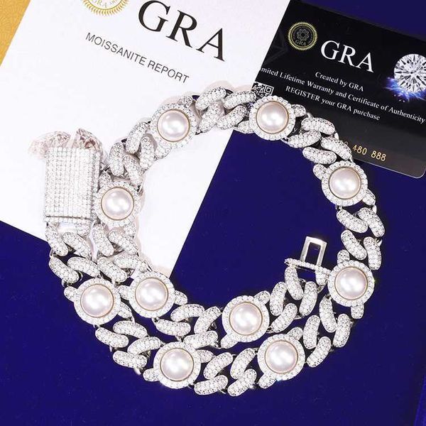 

width 17mm pearl cuban necklace with vvs moissanite pure s925 18k gold plated cuabn link chain, Silver