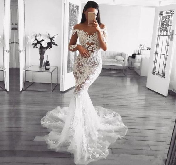 

gorgeous 2019 mermaid wedding dresses dubai arabic beaded lace applique sheer neck illusion long sleeves chapel bridal gowns vesti8538091, White