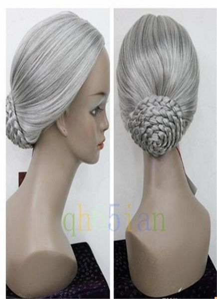 

new retro gray braid hair bun women granny party cosplay wigs3749460, Black