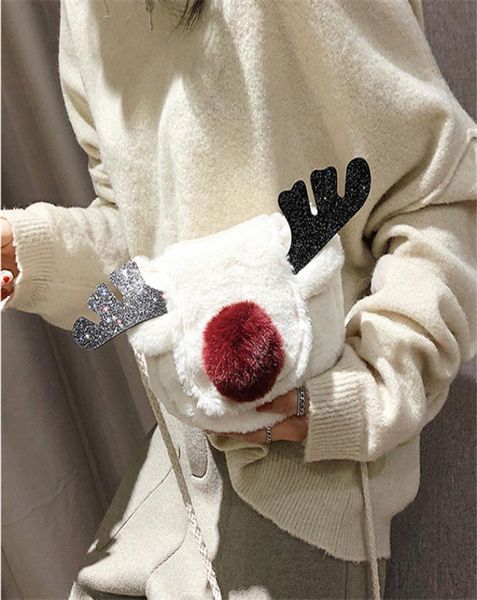 

new christmas deer bag 3 color women fur reindeer crossbody bag red nose elk winter plush sweet girls sling shoulder bag purse kjy7313495, White