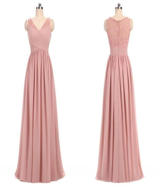 

dusty rose pink chiffon lace bridesmaid dresses v neck pleated ruffles floor length long bridesmaid gowns wedding party dresses3875224, White;pink
