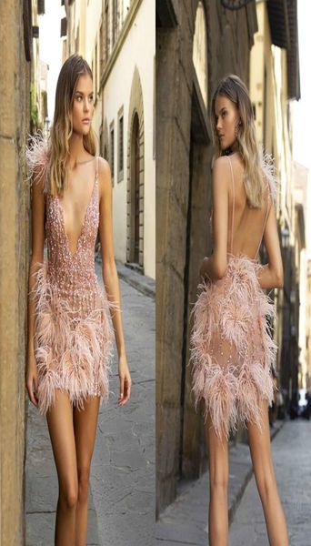 

berta prom dresses see through sequins beaded feather evening gowns spaghetti straps mini pink short special occasion dress3185447, Black