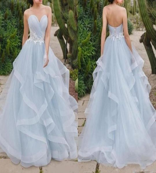 

simple style skye blue a line prom dress sweetheart neck with white lace ruffles train corset back boho beach bridal party gowns4930745, Black