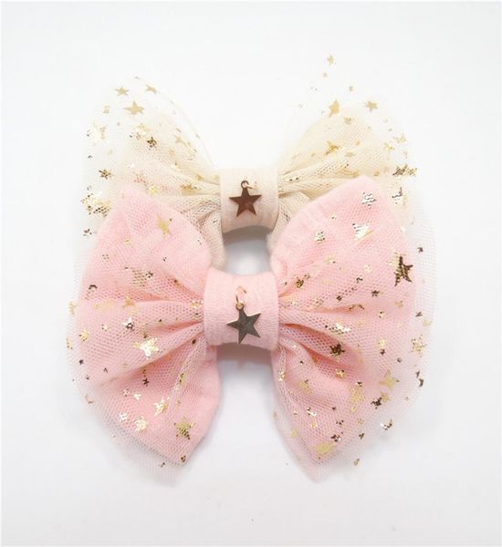 

10pcslot fairy girl hair bow clip gold copper star pendant light pink glitter star tulle bow knot barrette sweet hairpin4353954, Slivery;white