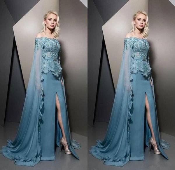 

fashion front split evening dresses with cape beaded off the shoulder prom gowns vestidos de fiesta sweep train satin appliqued fo4532876, Black;red