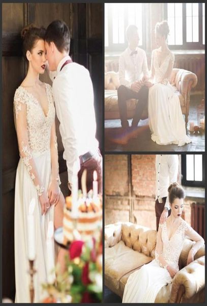 

charming new designer long sleeve wedding gowns 2019 lace open back floor length split side bridal dresses 5803677, White