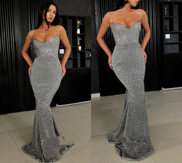 

2020 dark gray prom dresses full sequins spaghetti straps mermaid long evening gowns plus size custom made pageant dress bc02743571790, Black